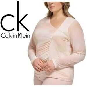 CALVIN KLEIN Plus Size Pink Asymmetrical-Neck Ruched Long-Sleeve Top NWT